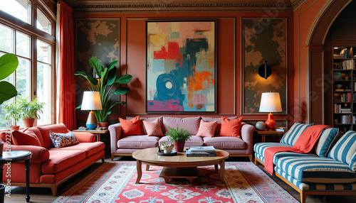 Eclectic maximalist living room with vibrant colors and patterns, lively atmosphere