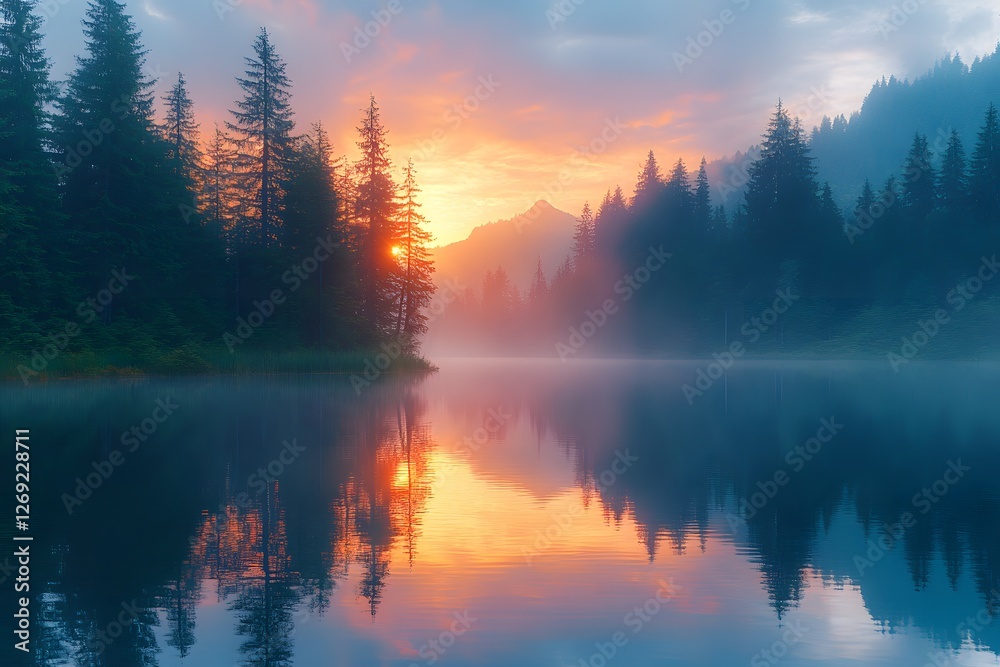 Fototapeta premium A peaceful lake reflecting the lush, tall pines in its still waters. 