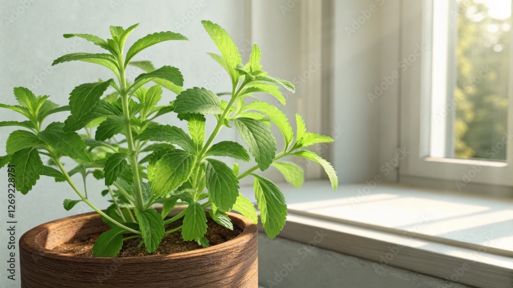 Stevia sugar substitutes and healthier choices. A potted green plant thrives by a sunny window indoors.