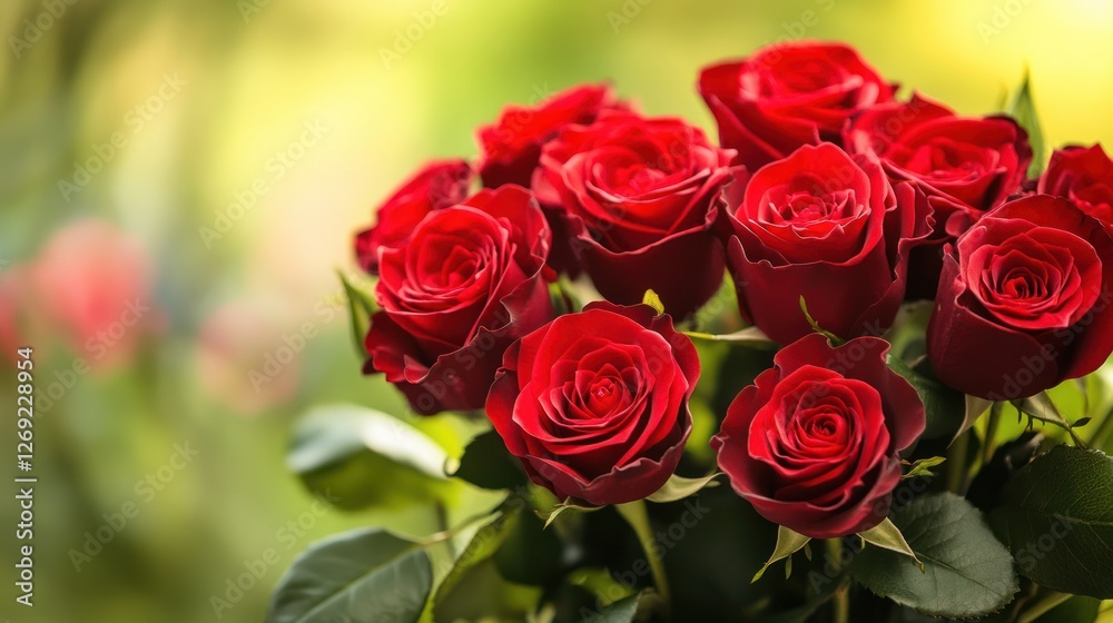 Obraz premium Bouquet of red roses, garden background, romantic, spring, use greeting card, love, gift