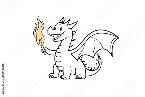Cartoon-style outlined dragon breathing a small puff of fire.