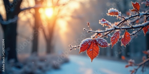 Frost-covered branches, autumn leaves, crisp morning light, icy, texture, macro