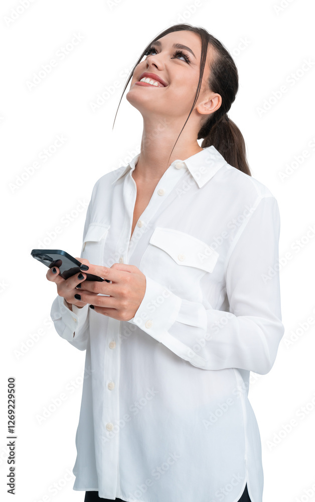 Woman in white shirt smiling and holding smartphone Woman in white shirt smiling and holding smartphone