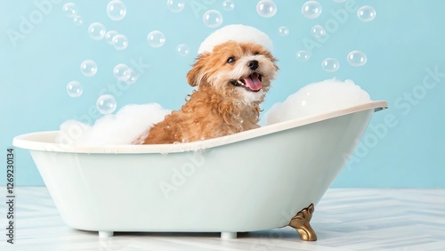 Happy dog enjoying a bubble bath in tub.