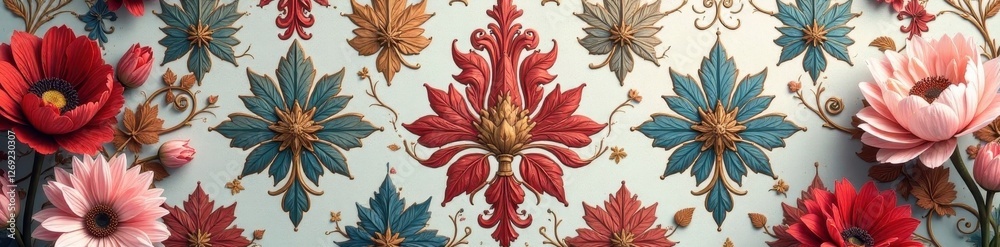Intricate damask floral wallpaper, muted tones, subtle, scroll, wallpaper texture
