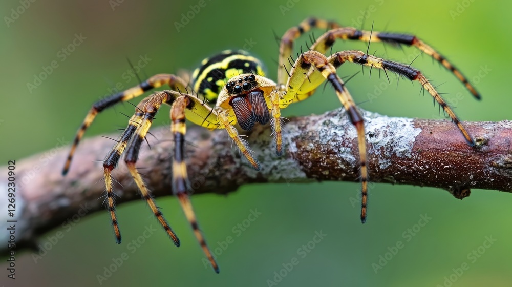 A Wasp Spider with Vibrant Patterns on a Branch in Nature A Wasp Spider with Vibrant Patterns on a Branch in Nature