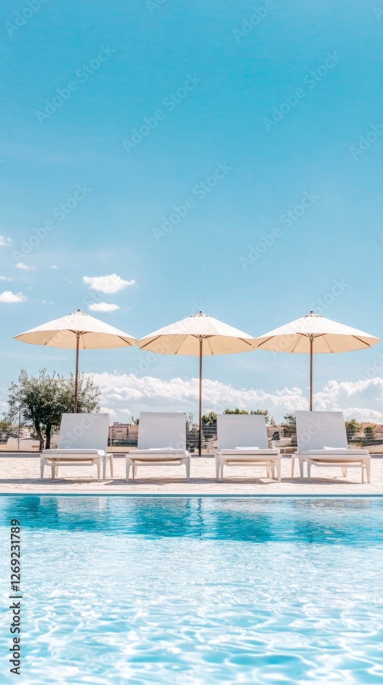 Beautiful shot of three sun loungers near the pool Beautiful shot of three sun loungers near the pool