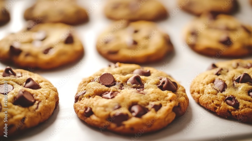 Golden brown chocolate chip cookies on baking sheet Golden brown chocolate chip cookies on baking sheet