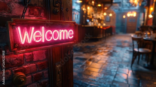 A warmly lit bar entrance with a neon 