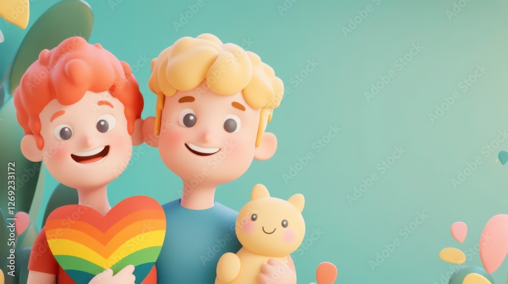 Happy Cartoon Characters with Heart and Toy in Colorful Background Happy Cartoon Characters with Heart and Toy in Colorful Background