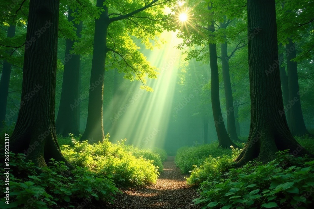 Obraz premium Sunbeams pierce emerald canopy, dappled light on forest floor, ethereal, royalty free, picture