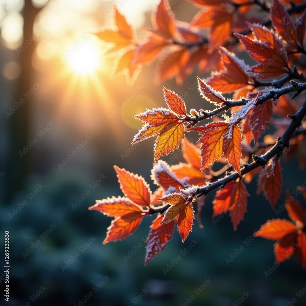 Sunlit frosted boughs, vibrant autumn foliage, nature, forest Sunlit frosted boughs, vibrant autumn foliage, nature, forest
