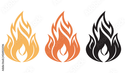 Fire flame icons set with different colors, burning flames symbol for heat, warning, flammable materials, hazard signs, fire safety, abstract fire design for logo and branding