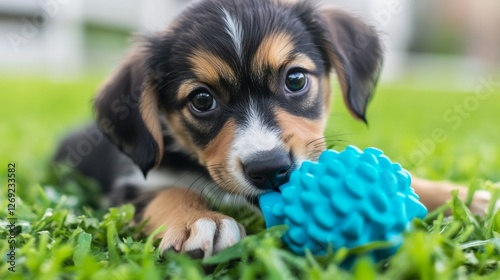 Playful Puppy with Blue Toy on Lush Green Grass photo