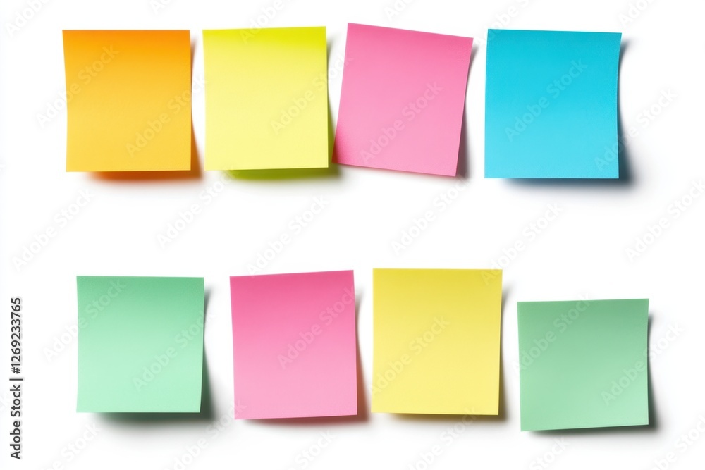 Collection of vibrant, blank sticky notes in various colors arranged in a grid pattern Collection of vibrant, blank sticky notes in various colors arranged in a grid pattern