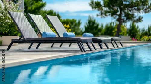 Beautiful shot of three sun loungers near the pool