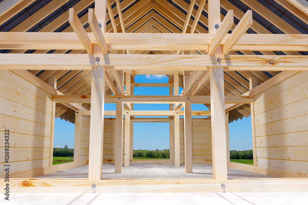 A wooden house under construction with an exposed frame, showcasing its structural beams and supports. The building stands on a concrete foundation against a rural landscape. 3d image A wooden house under construction with an exposed frame, showcasing its structural beams and supports. The building stands on a concrete foundation against a rural landscape. 3d image