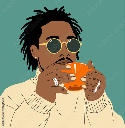 Black man with afro dreadlocks is holding a cup of coffee. He is wearing sunglasses and a white sweater. Cartoon style vector illustration