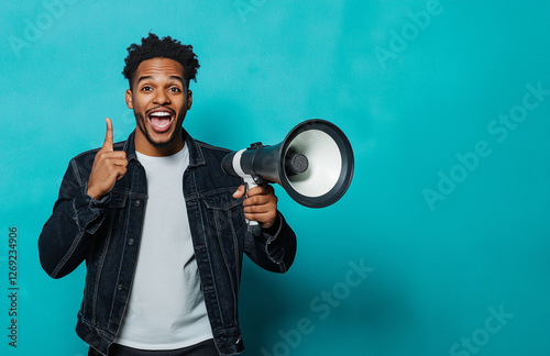 Portrait of a cheerful young man holding a megaphone and pointing up with his finger against a blue background. Perfect for marketing, advertising, or promotional stock photography.