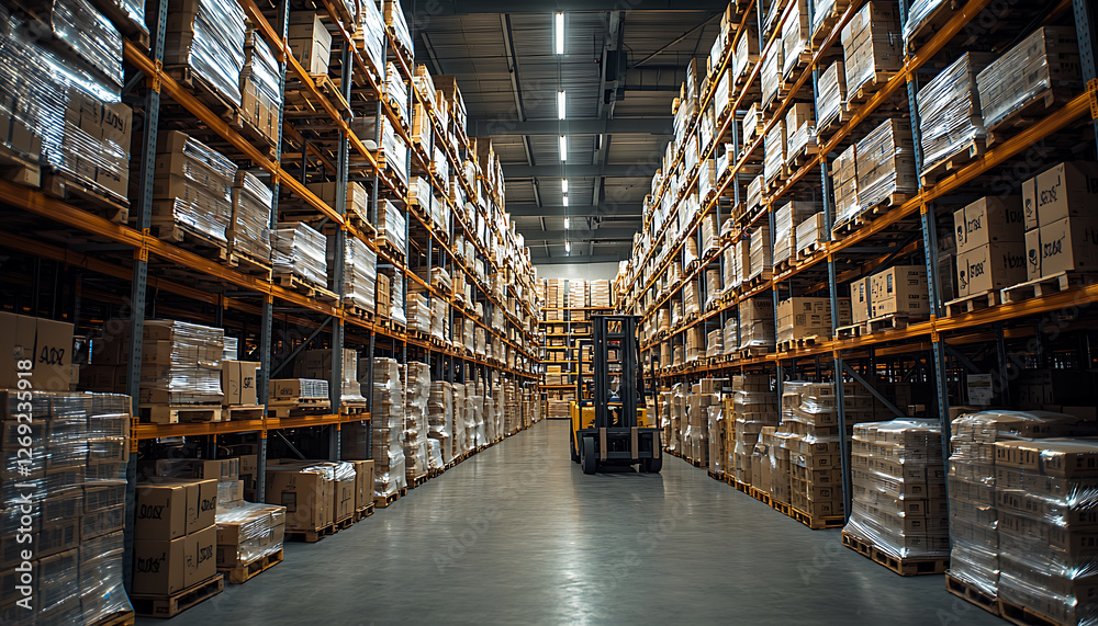 A retail warehouse filled with shelves stocked with goods in cartons, with pallets and forklifts actively moving through the aisles. The scene captures a dynamic logistics and transportation environme A retail warehouse filled with shelves stocked with goods in cartons, with pallets and forklifts actively moving through the aisles. The scene captures a dynamic logistics and transportation environme