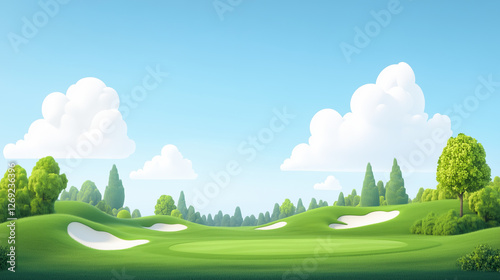 Sunny cartoon golf course with green hills, sand bunkers, and fluffy clouds in bright blue sky, cheerful and playful nature landscape concept