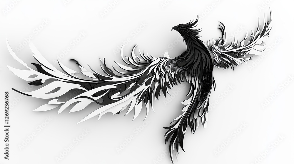 Obraz premium black and white illustration of a phoenix bird. The bird is in flight, with its wings spread wide and its head turned towards the right side of the image.