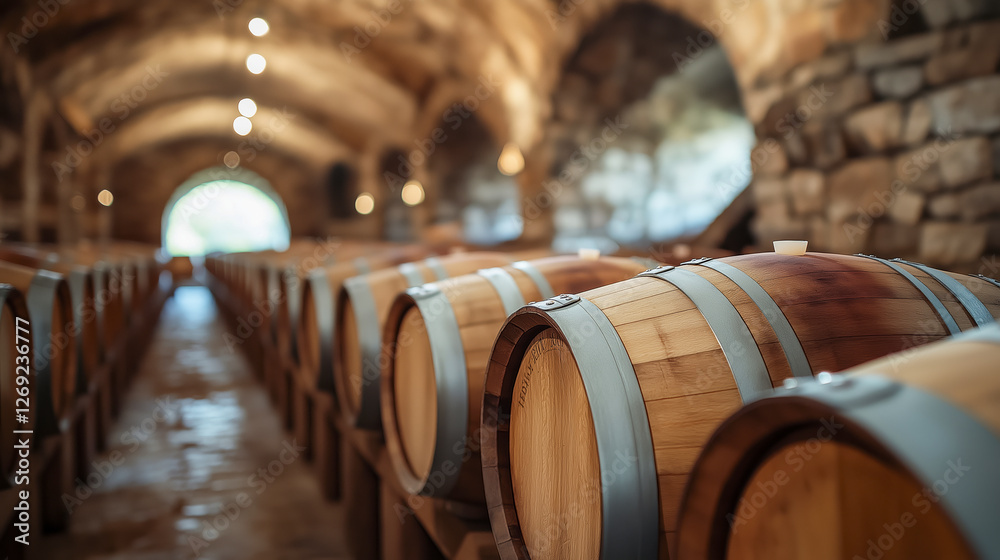 Wooden barrels lined up in rustic wine cellar with soft lighting and stone walls, symbolizing wine aging and craftsmanship Wooden barrels lined up in rustic wine cellar with soft lighting and stone walls, symbolizing wine aging and craftsmanship