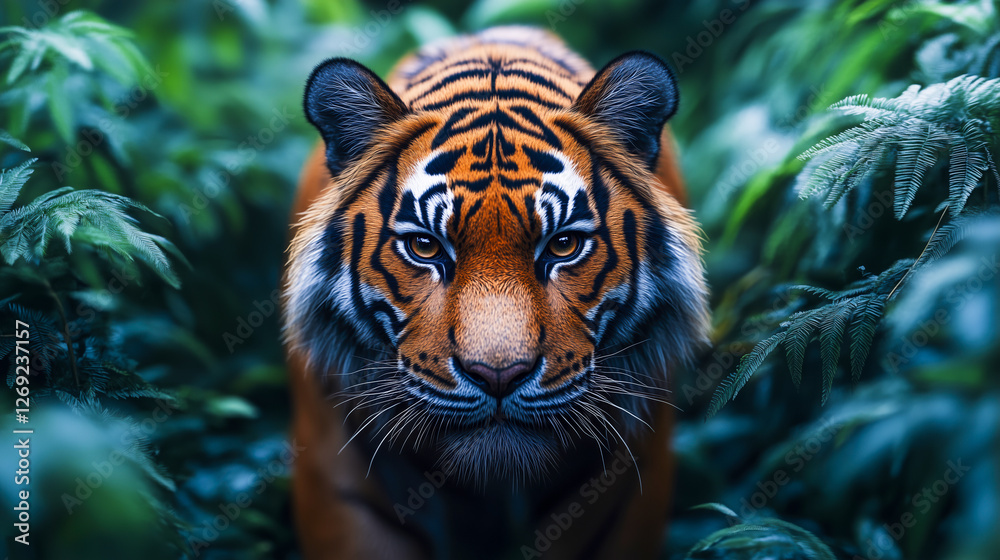 Majestic tiger with intense gaze walking through lush green jungle, showcasing its vibrant striped fur and powerful presence, symbolizing wilderness and strength Majestic tiger with intense gaze walking through lush green jungle, showcasing its vibrant striped fur and powerful presence, symbolizing wilderness and strength
