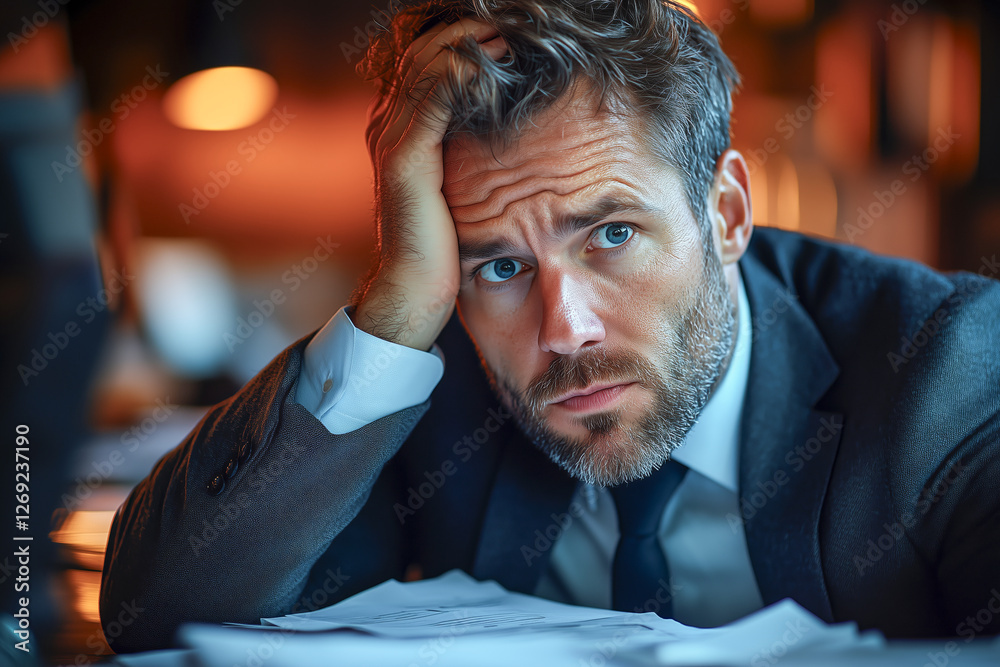 Stressed businessman with tired expression leaning on desk covered with documents in office, symbolizing work pressure and burnout in professional life Stressed businessman with tired expression leaning on desk covered with documents in office, symbolizing work pressure and burnout in professional life