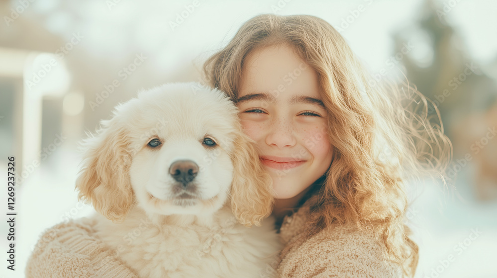Smiling young girl with curly hair hugging fluffy white puppy outdoors in soft winter sunlight, symbolizing friendship, warmth, and happiness Smiling young girl with curly hair hugging fluffy white puppy outdoors in soft winter sunlight, symbolizing friendship, warmth, and happiness