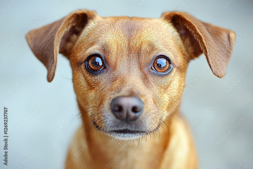 A small brown dog stares directly at the camera with a blurred background. Concept of curiosity and attentiveness. For pet adoption campaigns. A small brown dog stares directly at the camera with a blurred background. Concept of curiosity and attentiveness. For pet adoption campaigns.