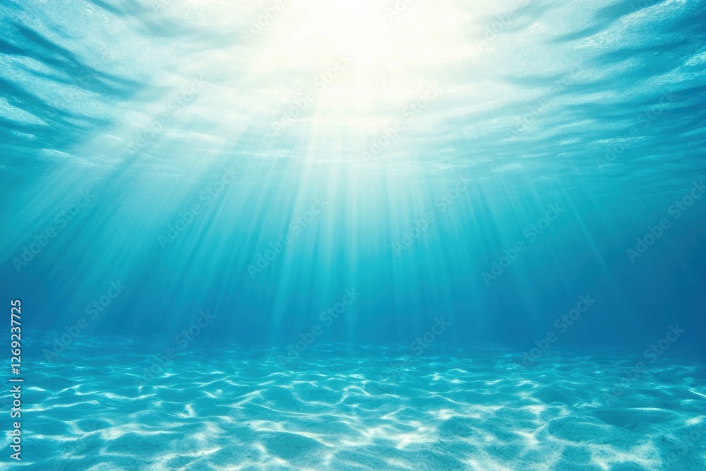 Underwater Sunlight: Light rays penetrate the clear blue ocean, illuminating the sandy sea floor Underwater Sunlight: Light rays penetrate the clear blue ocean, illuminating the sandy sea floor