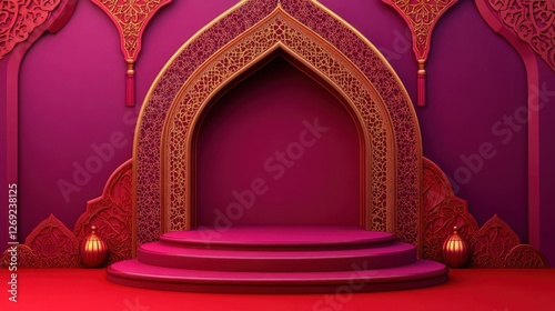 Elegant Red And Gold Islamic Archway Display Stage