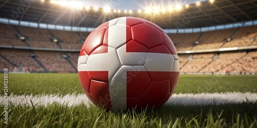 A close-up view of a soccer ball featuring Denmark's flag design, resting on lush green grass in an empty stadium.