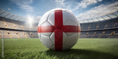 A vibrant soccer ball with the English flag design sits on a sunlit grassy field in a stadium.