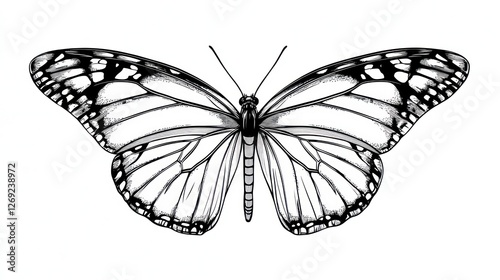 Monarch butterfly illustration, detailed black and white photo