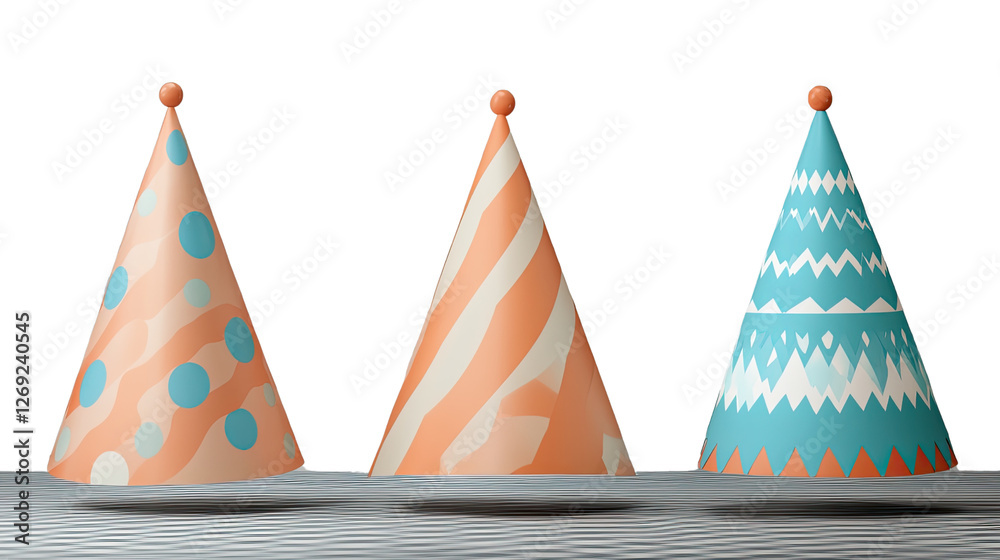 Obraz premium Party Hats: Trio of festive party hats with different patterns, casting playful shadows and inviting celebration, capturing the joy and anticipation of a special occasion.