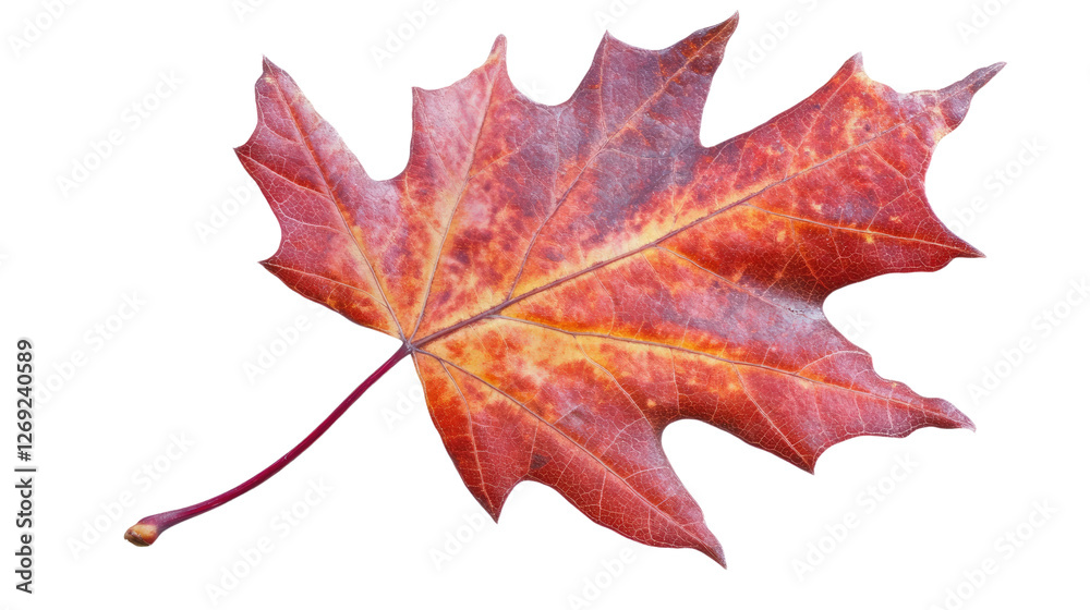 Fototapeta premium Autumnal Leaf's Vivid Hues: A close-up shot of a vibrant red maple leaf, displaying intricate details and the colors of autumn, is a simple and beautiful representation of nature's artistry.