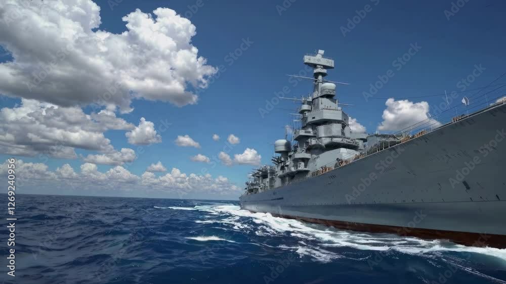 Naval firepower dominates vast seascape. Strategic maritime defender cuts through deep blue waters beneath summer skies. Steady tracking shot