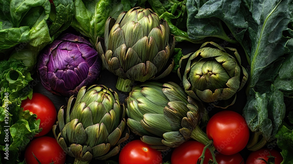 Fototapeta premium Freshly picked artichokes and tomatoes