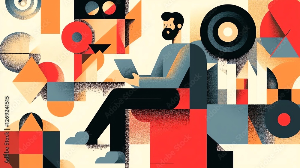 A modern man absorbed in digital creativity surrounded by abstract shapes and colors. A modern man absorbed in digital creativity surrounded by abstract shapes and colors.