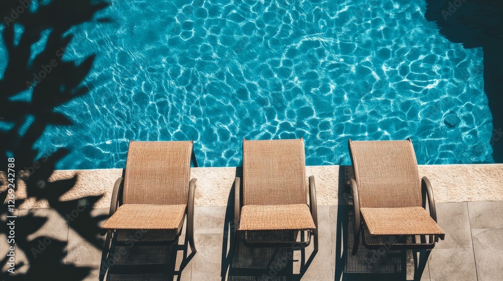 Beautiful shot of three sun loungers near the pool Beautiful shot of three sun loungers near the pool