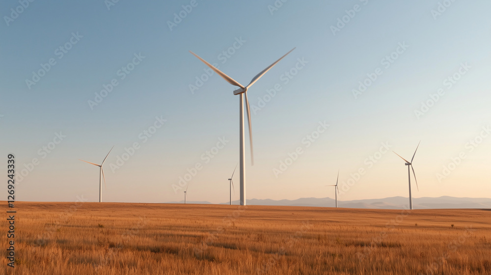Wind Farm with Spinning Turbines in Open Field Wind Farm with Spinning Turbines in Open Field