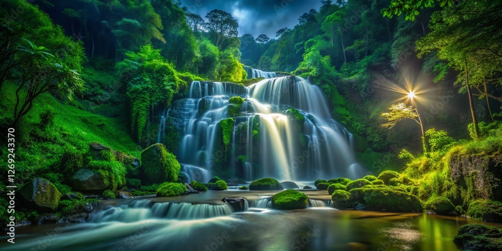 Obraz premium Sunanta Waterfall Night Photography: Lush Forest Park Glowing in Moonlight