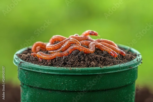 sustainable gardening composting biodiversity. Vermicomposting system with red worms breaking down organic waste, creating nutrient-rich soil photo