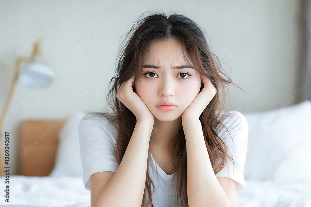 Emotional reflection of a young woman in her bedroom indoor setting portrait photography Emotional reflection of a young woman in her bedroom indoor setting portrait photography