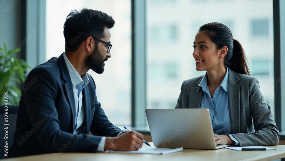 Latino HR Manager Performance Review Employee Office Workplace Business Meeting Latino HR Manager Performance Review Employee Office Workplace Business Meeting