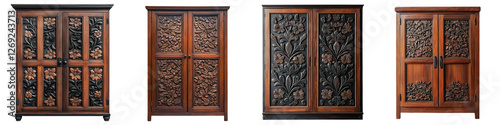 Elegant and Vintage Wooden Cabinets with Ornate Floral Carvings Showcasing Intricate Handcraft Woodworking Designs for Traditional Home Decor and Interior Design