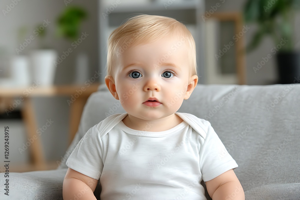 Adorable baby sitting on couch home interior portrait bright environment close-up shot Adorable baby sitting on couch home interior portrait bright environment close-up shot