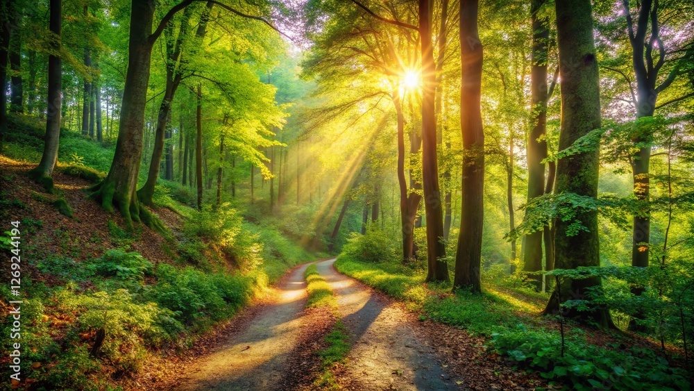 Obraz premium Sunlit Forest Path: Magical Woodland Trail Stock Photo